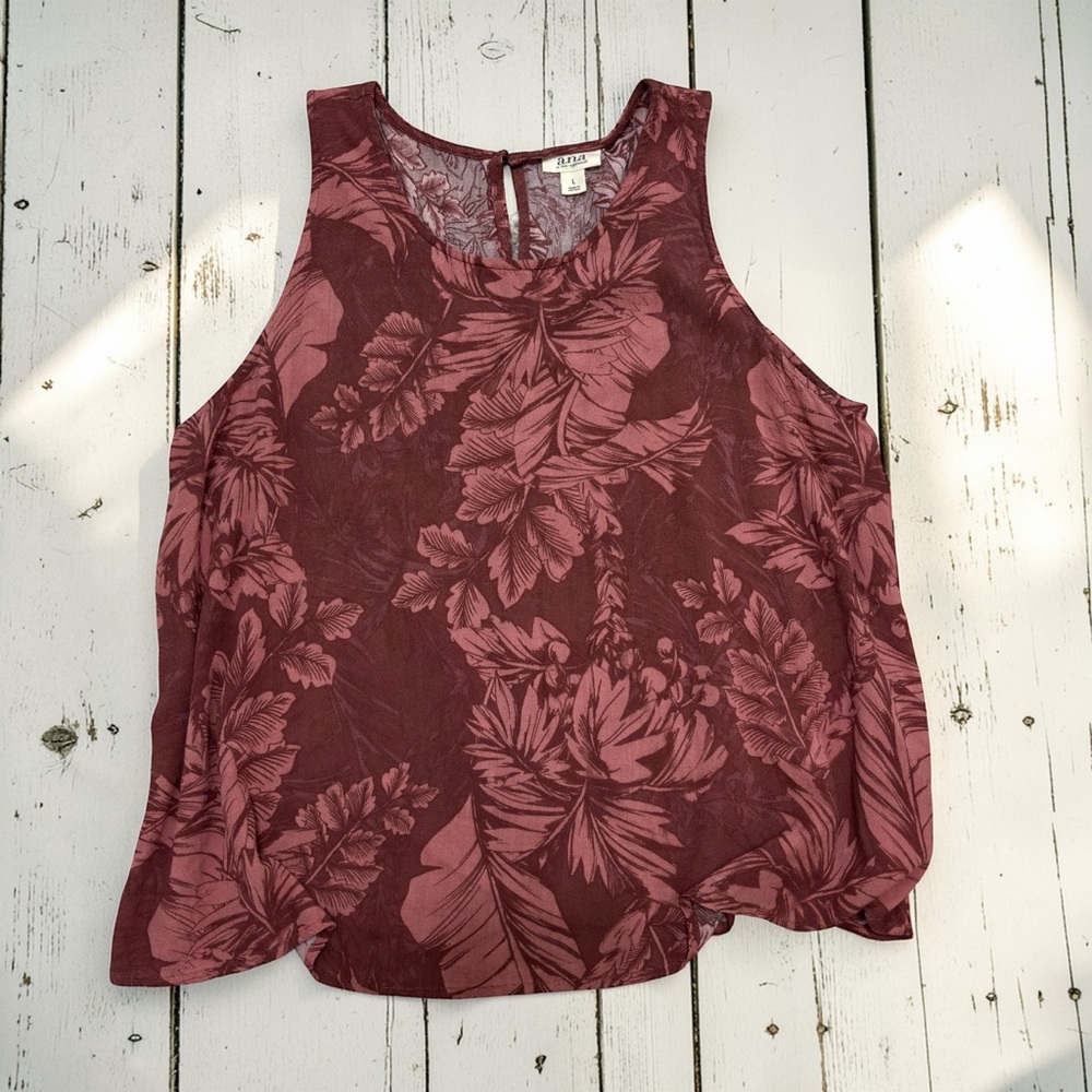 ANA Mauve Floral Racerback Tank Blouse Size Large Boho Lightweight Rayon Top